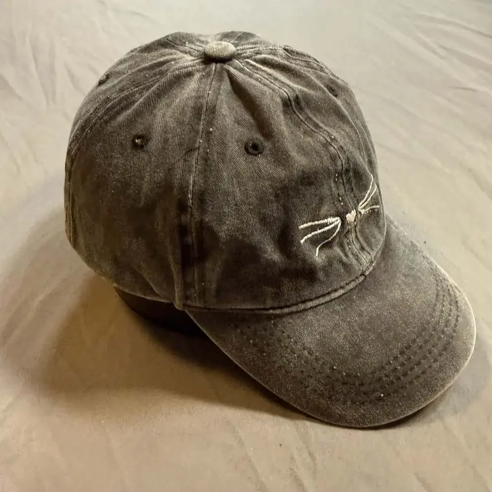 Francesca’s MEOW Cat Whiskers Washed Black Adjustable Dad Hat Distressed